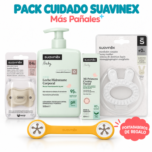 Pack Cuidado Bebé Suavinex diseñado por Más Pañales con portababeros de regalo.