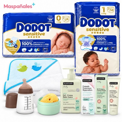 Pack Recién Nacido Pañales Dodot Sensitive Talla 0 (24 uds) y Talla 1 (58 uds), Biberón Suavinex 180 ml, Capa de Baño, Esponja y