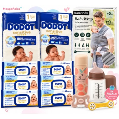 Pack Recién Nacido Dodot Sensitive Talla 1 (116) , 288 Toallitas Pure, Fular Suavinex, Set Zero.Zero, Termo 500 ml y Regalo