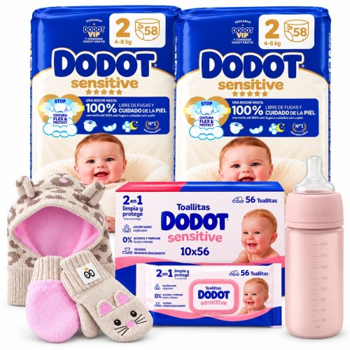 Pack Bebé Dodot Sensitive Talla 2 (116 Pañales), 560 Toallitas, Biberón Suavinex 240 ml, Gorro y Manoplas Zoochini