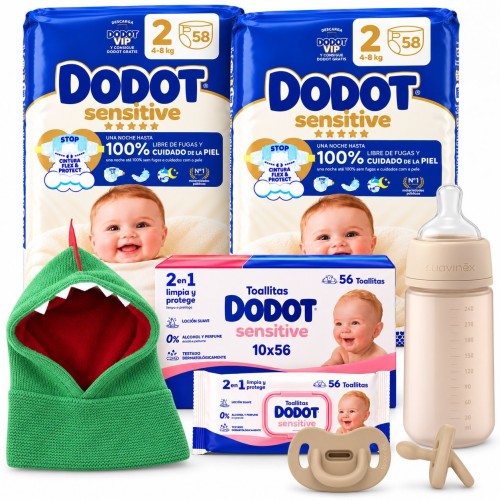 Pack Bebé Dodot Sensitive Talla 2 (116 Pañales), 560 Toallitas, Biberón Suavinex 240 ml, Chupete y Gorro Dinosaurio