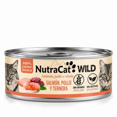 Alimento Húmedo Natural Salmón, Pollo y Ternera para Gatos NutraCat WILD 80 g – Sin Cereales ni Aditivos