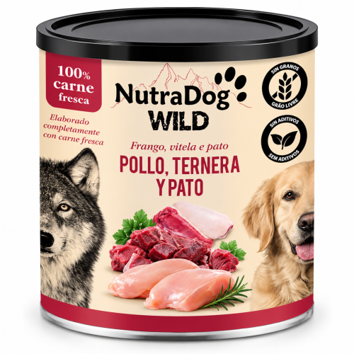 NutraDog WILD Alimento Húmedo Natural Pollo, Ternera y Pato 800g para Perros – 100 % Carne Fresca, Sin Cereales ni Aditivos