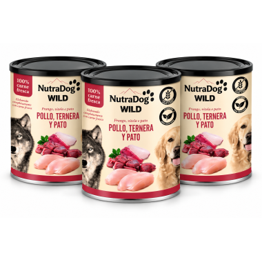 Alimento Humedo NutraDog WILD Pollo ,ternera y Pato  3 x 800 g 100 % Carne Fresca, Sin Cereales ni Aditivos