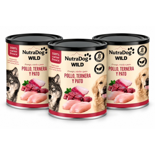 Alimento Humedo NutraDog WILD Pollo ,ternera y Pato  3 x 800 g 100 % Carne Fresca, Sin Cereales ni Aditivos