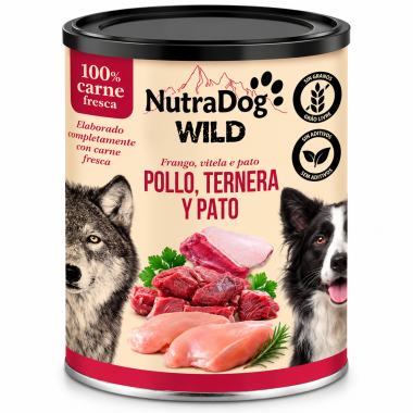 Alimento Húmedo Natural Pollo Ternera y pato para Perros NutraDog WILD 400 g – Comida Completa Premium