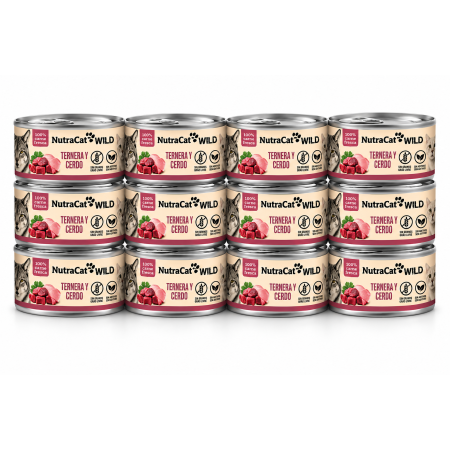 NutraCat WILD Alimento Húmedo Natural Ternera y Cerdo para Gatos 12 x 80 g – Comida Completa Premium
