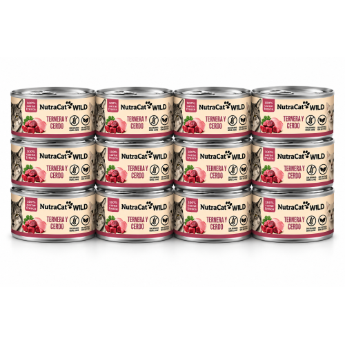 NutraCat WILD Alimento Húmedo Natural Ternera y Cerdo para Gatos 12 x 80 g – Comida Completa Premium