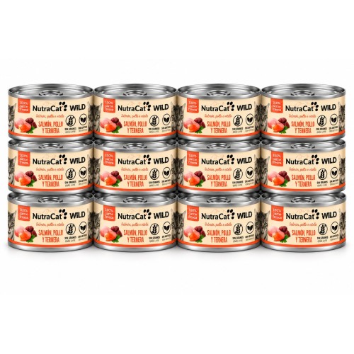 NutraCat WILD Alimento Húmedo Natural Pollo y Ternera para Gatos 12 x 80 g – Comida Completa Premium