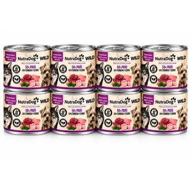 NutraDog WILD Gourmet Alimento Húmedo Natural Pavo, Ternera y Cerdo para Perros 8x200g – Receta Premium Completa