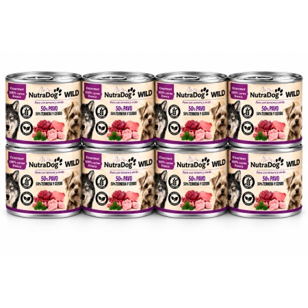 NutraDog WILD Gourmet Alimento Húmedo Natural Pavo, Ternera y Cerdo para Perros 8x200g – Receta Premium Completa